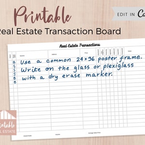 Editable Real Estate Transaction Board, Real Estate Custom Sales White Board, 24X36 Realtor Agent Pipeline Board Transaction Tracker SPF014
