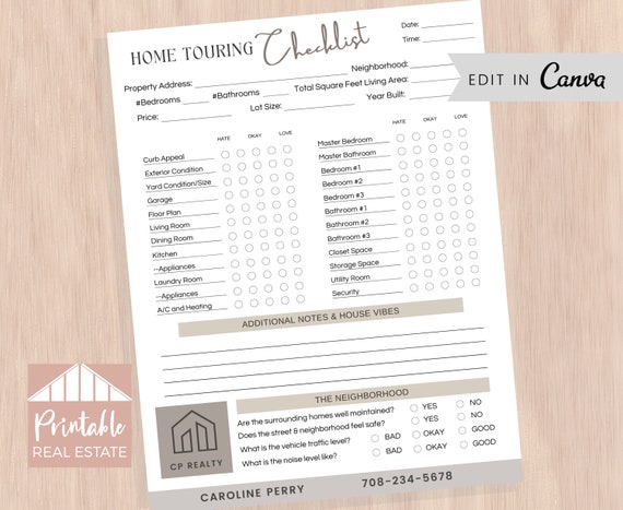 House Hunting Checklist, Real Estate Home Touring Checklist, Real Estate Marketing Flyer, Home Buyer Guide, Home Buyer Packet, Canva SPF016