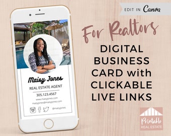 Mobile Business Card with Live CLICKABLE Links for Realtors, Modern Real Estate Agent Business Card Digital Editable Canva Template, DBC012