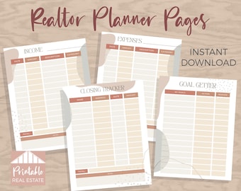Real Estate Planner Page Income Tracker, Expense Tracker, Goal Tracker, Closing Tracker, Abstract Neutral Boho Design Realtor Planner MPP010