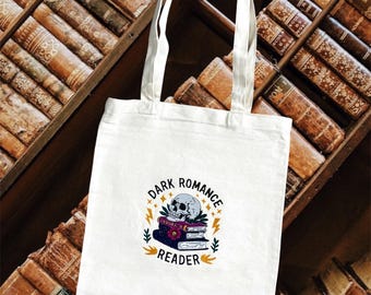 Dark Romance Reader Canvas Tote Bag, Embroidered Book Skull Design