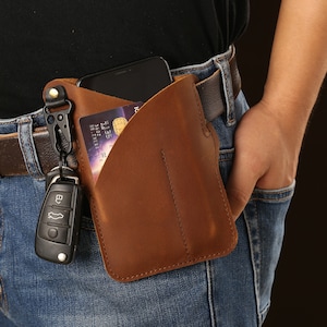 Custodia in pelle per cellulare, fondina di protezione EDC con portachiavi, marsupio, passante per cintura
