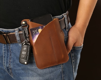 Leather Cell Phone Case Holster EDC Protection Sheath with Key Holder Waist Card Bag Belt Loop