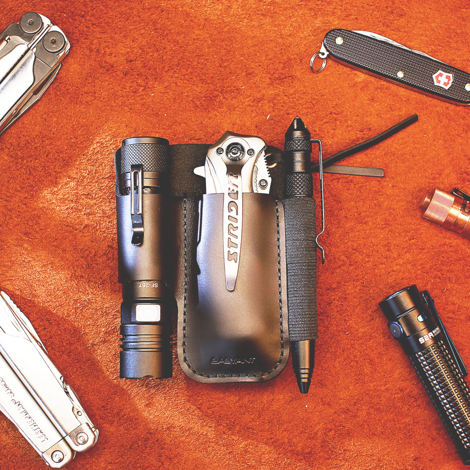 Edc Pocket Organizer Leather Sheath Folding Knife Tactical Pen