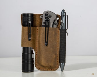 edc pocket organizer Leather Sheath Folding Knife Tactical Pen Organizer EDC Tools Brown