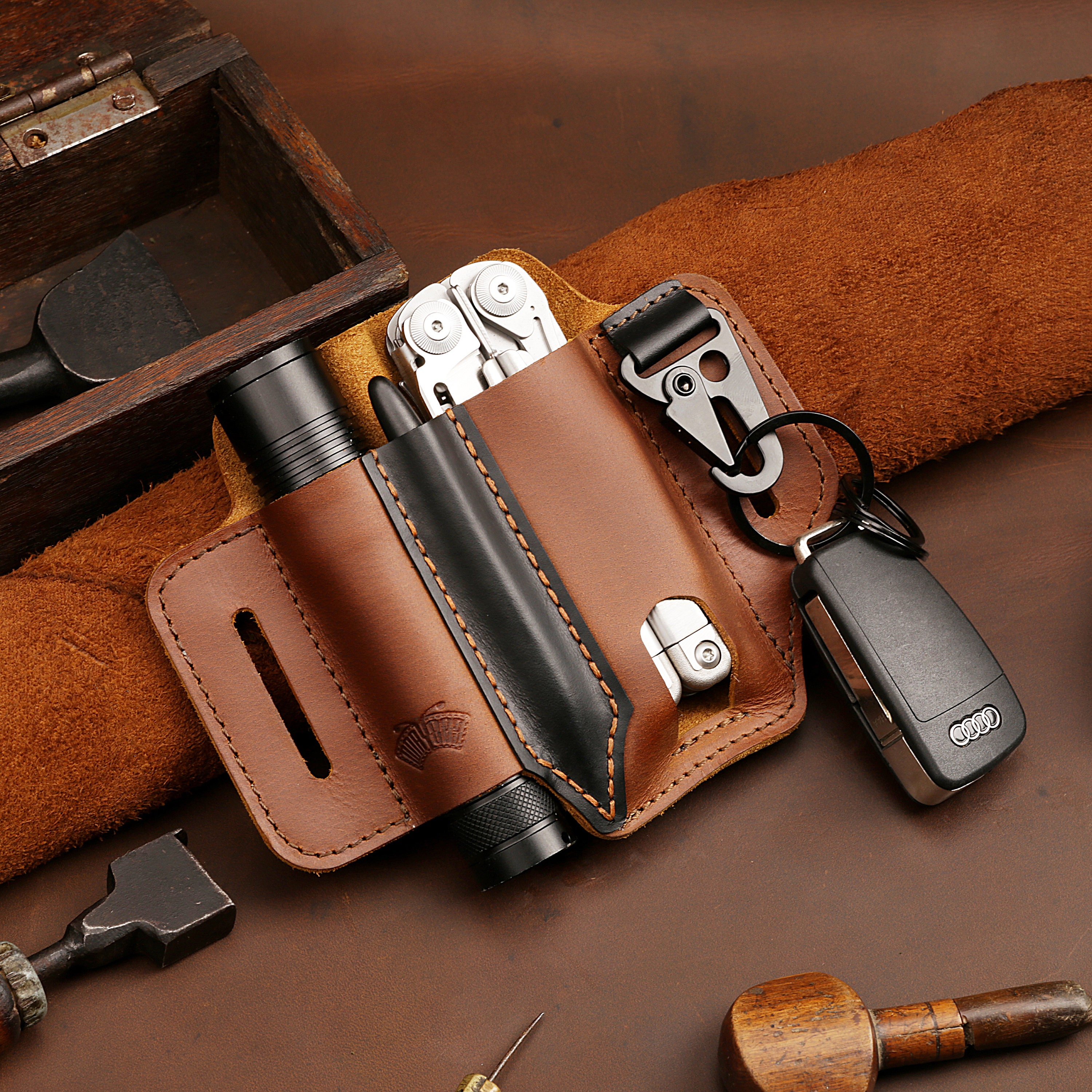 Main Street Forge Made in USA Leather EDC Pouch | Leather Multitool Sheath/Holster for Men | Belt Clip/Pocket Organizer for Leatherman Gerber & So