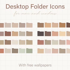 May include: A set of 40 folder icons in various shades of brown, beige, and gray. The icons are arranged in four rows of ten, with each row featuring a different color scheme. The text "Desktop Folder Icons for mac and windows" is at the top of the image, and the text "With free wallpapers" is at the bottom.