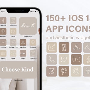 May include: A screenshot of an iPhone displaying a collection of 150+ iOS 14 app icons and aesthetic widgets. The icons are in a grid layout and feature a minimalist design with white outlines on a beige background. The text "150+ IOS 14 APP ICONS and aesthetic widgets" is displayed at the top of the image.