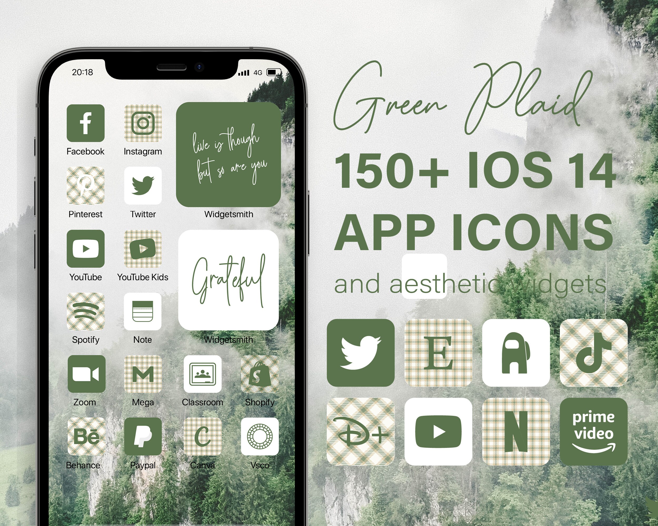 Green Plaid IOS 14 App Icon Packiphone App Icon Theme Green Etsy