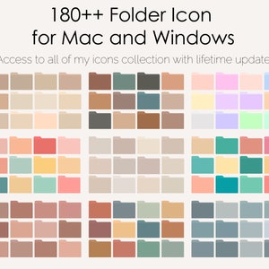 Könnte beinhalten: Eine Sammlung von über 180 Ordnersymbolen für Mac und Windows. Die Symbole sind in verschiedenen Farben, darunter Beige, Braun, Grau, Rosa, Blau und Grün.