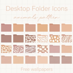 Può includere: Un set di 20 icone di cartelle desktop con vari motivi di stampa animalier in tonalità di marrone, beige e bianco. Le icone sono disposte in una griglia e sono etichettate "Desktop Folder Icons" e "animals pattern".
