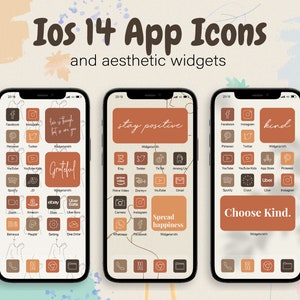 Może przedstawiać: Trzy ekrany iPhone'a z niestandardowymi ikonami aplikacji i widgetami. Ikony są w brązowo-pomarańczowej kolorystyce. Widżety mają tekst, który brzmi: "Zachowaj pozytywne nastawienie", "Rozsiewaj szczęście" i "Wybierz dobro".