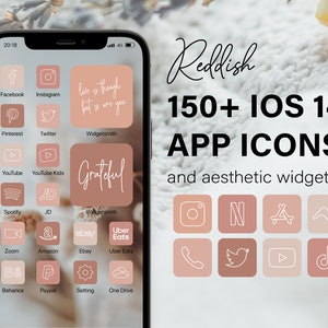 Puede incluir: Una captura de pantalla de un iPhone que muestra una colección de más de 150 iconos de aplicaciones iOS 14 y widgets estéticos. Los iconos están dispuestos en una cuadrícula y presentan una gama de colores marrón rojizo con contornos blancos. El texto "Reddish 150+ iOS 14 APP ICONS and aesthetic widgets" se muestra en la parte superior de la pantalla.