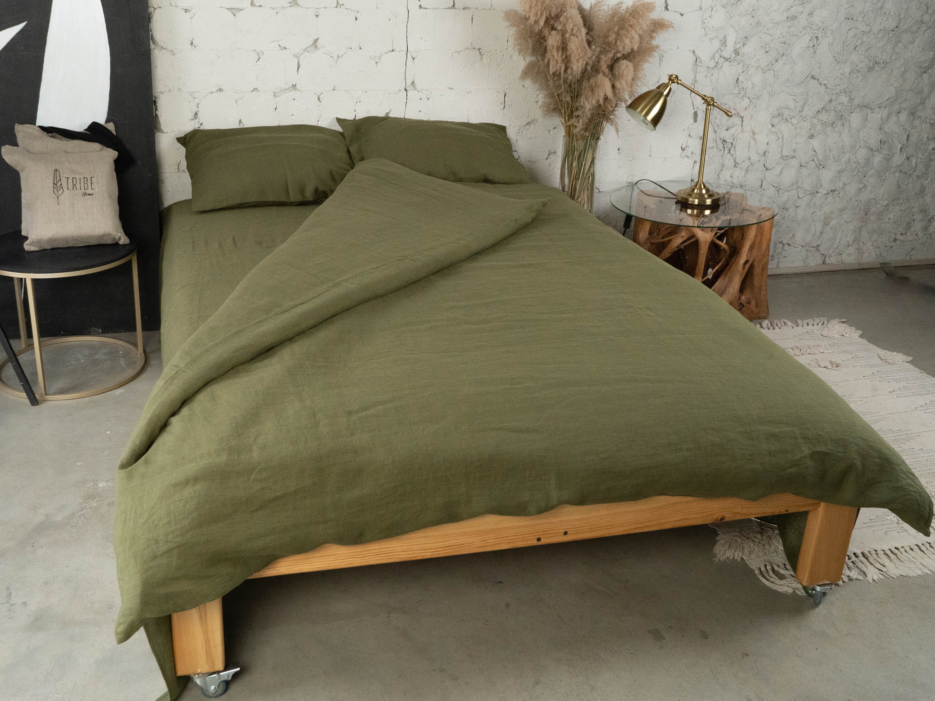Khaki Green Linen Bedding Set 3pcs Organic Linen Duvet Cover Etsy