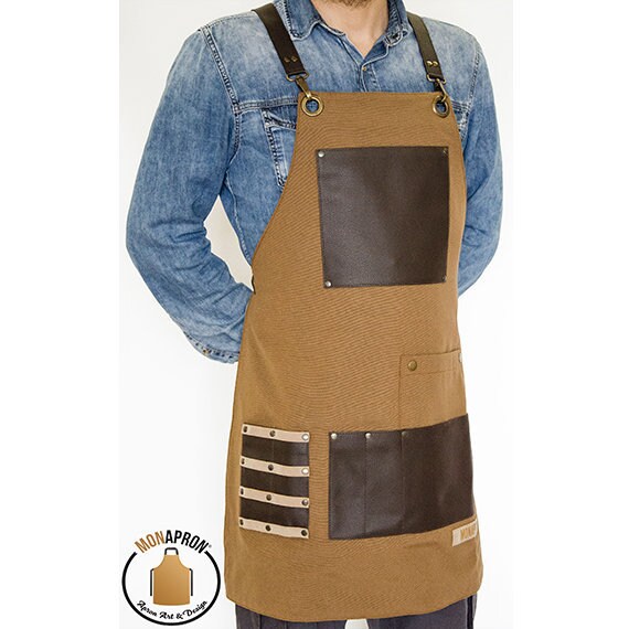 Personalize THEODORE Black Leather Aprons for Men Crossback Apron with Pockets