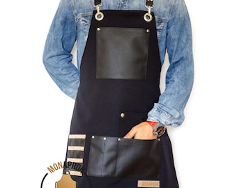 Chemical Resistant Apron for Women and Men with Vegan Leather Pockets and Adjustable Strap | Hairdresser, Barber, Makeup Artist Unisex Black