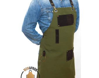 Personalised Barber Gift | Custom Logo Professional Studio Apron | Men, Women | Heavy Duty Green Apron