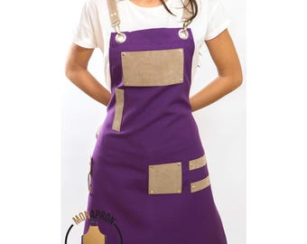Monogram Apron with Faux Leather Straps: Stain Resistant, Adjustable