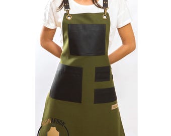 Custom Logo Work Apron for Small Business | Branded Boutique | Professional Green Apron with Pockets