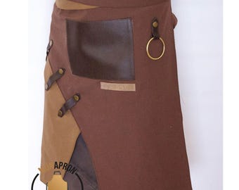 Custom Logo Cafe Apron | Modern Barista & Bartender Uniform | Brown Short Apron