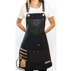 Canvas Workshop Apron for Women and Men with Vegan Leather Pockets and Adjustable Straps | Kitchen, Hairstylist, Professional Unisex Black