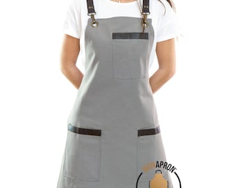 Personalized Apron Women Men Gray Cotton Waterproof Adjustable Straps Barista Restaurant Unisex S-XL