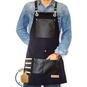 Free Monogram Heavy Duty Apron Bleach Resistant Apron For men Extra Pocket Design Barista Kitchen Teacher Hairdresser Faux Leather Straps