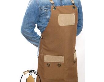 Personalized Gift for Chef Baker | Custom Logo Professional Apron | Brown Canvas Apron with Pockets