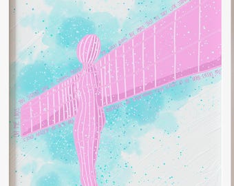 Pink Angel of the North Print, Blaydon Races Lyrics Art, Newcastle Aesthetic Poster, Pastel Geordie Gift, Funky North East Wall Art A5 A4 A3