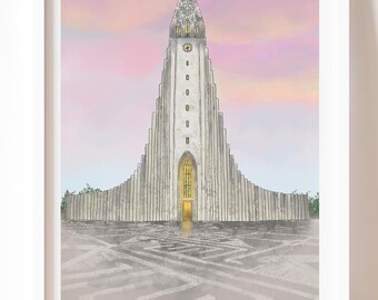 Reykjavik Cathedral Art Print: Iceland Watercolor Travel Poster
