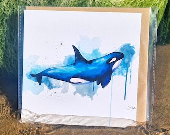 Killer Whale Watercolor Greetings Card, Blank Inside