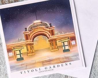 Tivoli Gardens Greeting Card: Copenhagen Travel Art, Magical Night Scene
