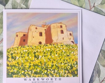 Warkworth Castle Sunset Card: Northumberland Daffodils Landscape Art