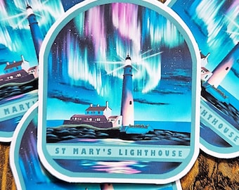 St Mary's Lighthouse Vinyl Sticker: Northern Lights Coastal Decal