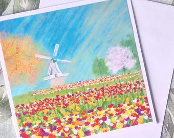 Keukenhof Tulip Windmill Card: Dutch Spring Landscape Art