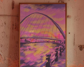 Newcastle Quayside Print | Pink Orange Oil Painting | Golden Hour Cityscape Wall Art
