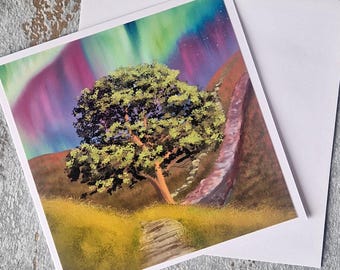 Aurora Over Sycamore Gap Card: Northumberland Landscape Art Greeting Card