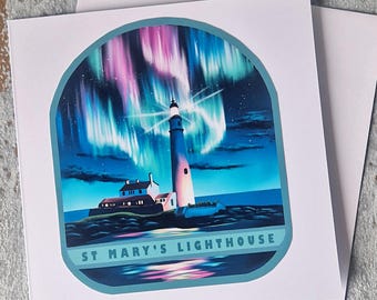 St Mary's Lighthouse Greeting Card: Whitley Bay Aurora Art - Blank 6x6 Card