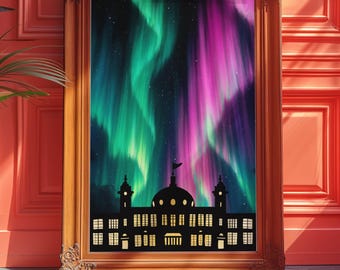 Spanish City Whitley Bay Print, Aurora Borealis Art, Northern Lights North East Coast, Tyne and Wear Landmark, Newcastle Gift,  A5 A4 A3