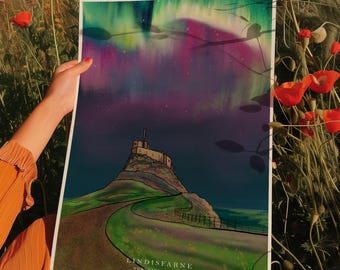 Lindisfarne Castle Northern Lights Art Print: Northumberland Coastal Decor