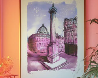 Newcastle Grey's Monument Watercolor Art Print: North East Landmark