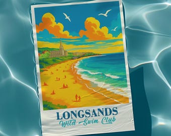 Longsands Wild Swimming Poster Print | Coastal Wall Art, Sea Dip Illustration | North East Dippers
