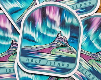 Holy Island Aurora Sticker: Lindisfarne Vinyl Decal - Northern Lights Art