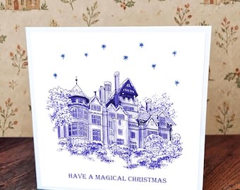 Cragside Northumberland Christmas Card | Blue and White Vintage Porcelain Style | National Trust