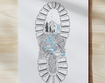 Hiking Boot Print Nature Art Print, Adventure Wall Decor, Outdoorsy Gift, Leave no trace