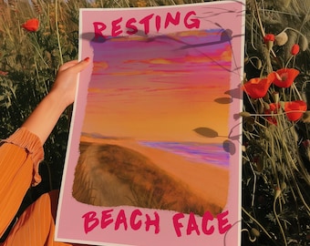 Resting Beach Face Print | Funny Beach Wall Art | Coastal Typography Poster | Pink Beach Decor | Seaside Gift for Beach Lovers