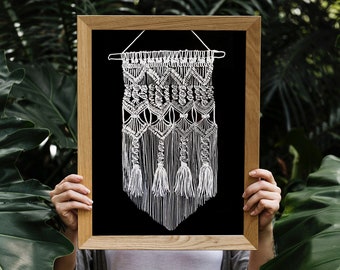 Macrame Wall Hanging Art Print: Black & White Boho Decor