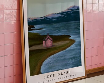 Pink House Loch Glass Print | Scotland Landscape Wall Art | Highland Cottage Artwork | Scottish Decor