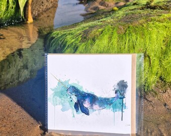 Narwhal Greetings Card / Holiday wishes / whale watercolour art / Birthday card