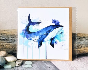 Blue Whale Watercolor Art Card: Holiday Wishes, Birthday